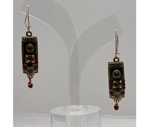 Michal Golan Gold Tone Red & Green Stone Dangle Earrings #82768